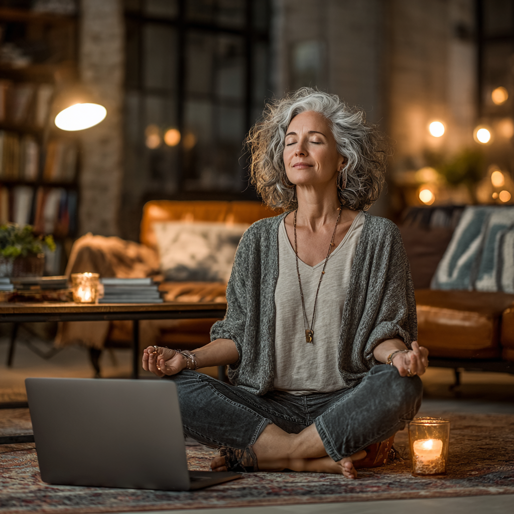 Жінка 52 роки займається йогою вдома перед ноутбуком на килимку у вітальні