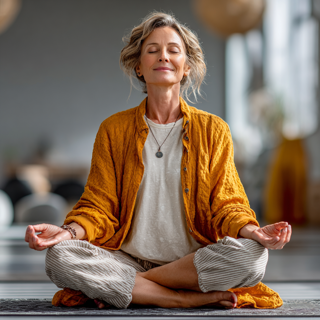 Жінка 55 років виконує базову позу йоги на килимку в світлій студії