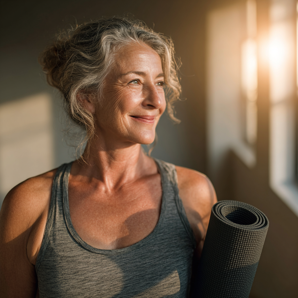 Жінка 60 років усміхається після заняття йогою з килимком в руках у світлій студії
